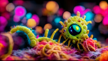 The next Pandemic! High resolution 3D render of a colorful micro organism like a virus, microbe or bacteria. Crazy details with depth of field and bokeh effects in the background.