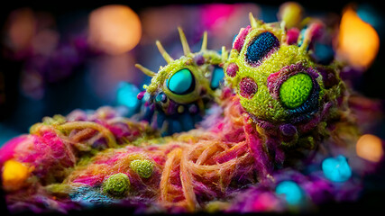 The next Pandemic! High resolution 3D render of a colorful micro organism like a virus, microbe or bacteria. Crazy details with depth of field and bokeh effects in the background.