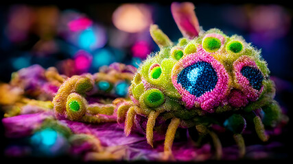The next Pandemic! High resolution 3D render of a colorful micro organism like a virus, microbe or bacteria. Crazy details with depth of field and bokeh effects in the background.