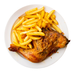 Barbecued chicken leg with boiled potatoes closeup on a plate. Isolated over white background