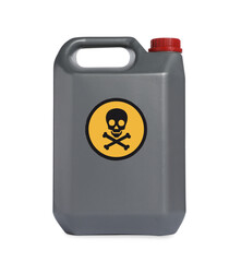 Jerry can of toxic household chemical with warning sign isolated on white