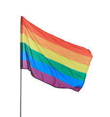Bright rainbow LGBT flag fluttering on white background. Lesbian concept