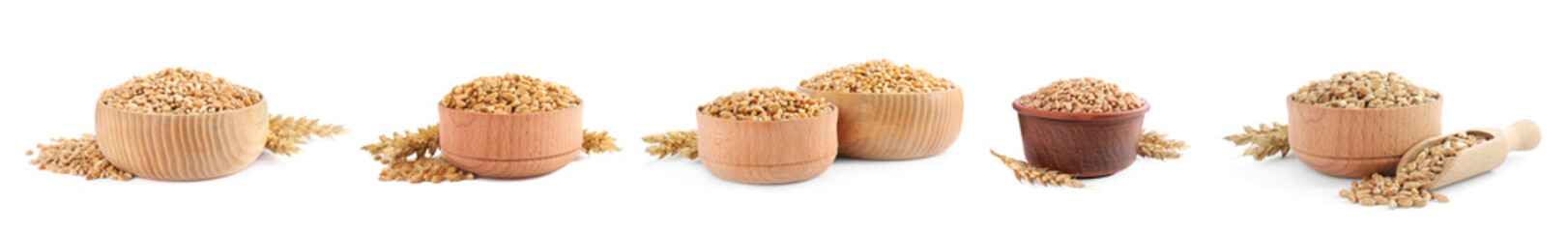 Set with bowls of wheat grains on white background. Banner design