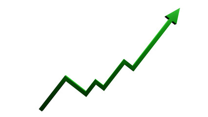 Isolated 3d green growth arrow with transparent alpha channel background png.