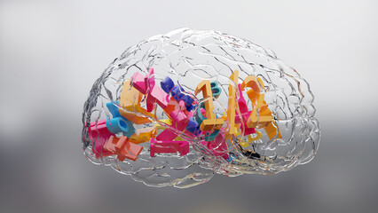 glass brain and math formulas, math and technology concept digitally generated. 3d render