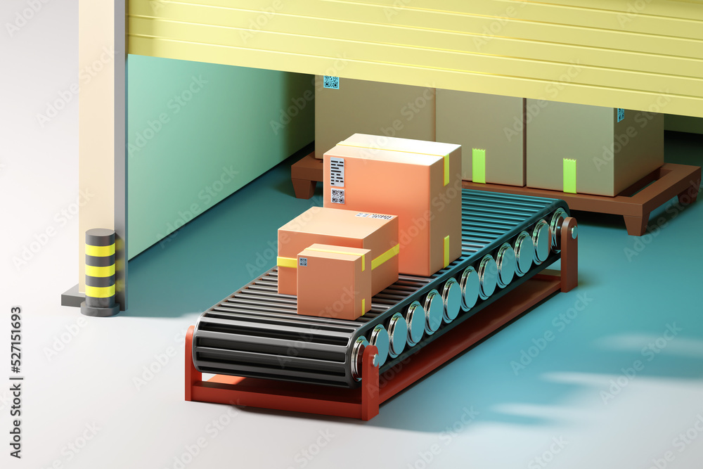 Poster automated warehouse. conveyor with cardboard boxes. conveyor near warehouse gate. concept of automat