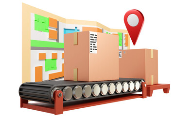 Technology fulfillment. Cardboard box on conveyor. Box in front maps. Fulfillment in courier...