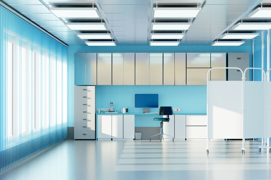 Emergency room. Hospital premises without people. Hospital emergency room. Spacious premises with furniture along wall. Partition on wheels in Emergency room. Doctors workplace and computer. 3d image