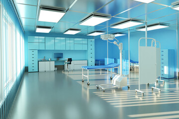 Private clinic with surgical equipment. Surgeons office interior. Workplace of surgeon with couch...