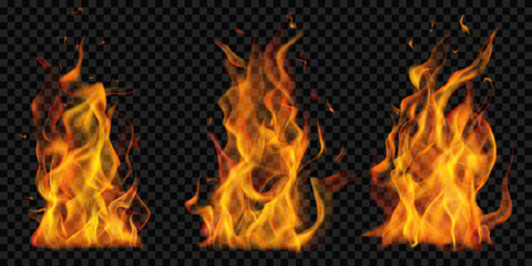 Set of burning campfires of flames and sparks on transparent background. For used on dark illustrations. Transparency only in vector format