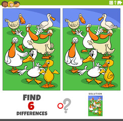 differences game with cartoon ducks farm animal characters