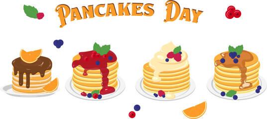Set of stacked pancakes with various syrups on the plate. Nice colorful design for card, party invitation for Pancake Day. Healthy eating, homemade bakery concept. Vector illustration, banner.