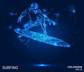 Hologram surfing. A surfer made of polygons, triangles of dots and lines. Surfing icon low-poly connection structure. Technology concept vector.