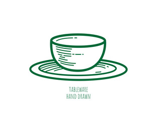Small saucer, cup without handle on white background. Vector linear icon. Outline illustration. Tea ceremony. Dishes for brewing. Decorative art element for menu design, advertising layout. Bouillon.