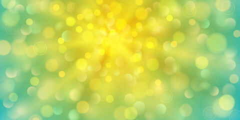 Abstract background in yellow and blue colors with diverging rays of light and small translucent circles with bokeh effect