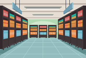 school supply store with shelves