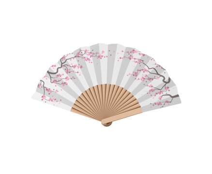 Hand fan, Japanese geisha white paper air fan with sakura flowers. Vector illustration. Asian traditional accessory. Graphic stock image. bamboo wood woman china beauty culture. clip art drawing