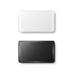 Vector 3d Realistic Rectangular White and Black Metal, Plastic Blank Empty Button Badge Icon Isolated. Button Pin Badge. Glossy Brooch Pin. Top View - Front Side. Template for Branding, Mock-up