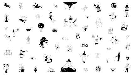 Collection of vector fairy tale elements, icons and symbols , hand drawn doodles set 