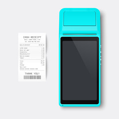 Vector 3d Blue NFC Payment Machine and Paper Check, Receipt Isolated. Wi-fi, Wireless Payment. POS Terminal, Machine Design Template of Bank Payment Contactless Terminal, Mockup. Top VIew