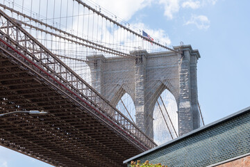 Brooklyn Bridge is shown in New York City, NY, USA. 
The Brooklyn Bridge is a hybrid cable-stayed-suspension bridge in New York City spanning the East River. 
