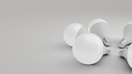 3d rendering of white LED light bulbs with white background and empty space for text