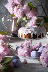 beautiful Easter cake on the table, and colored eggs, homemade cakes, still life