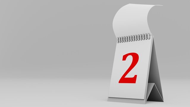 3d rendering of calendar on day 2 with white background and empty space for text