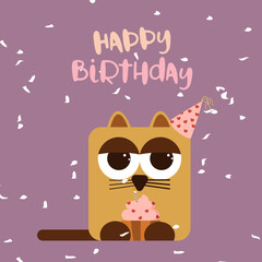 Happy Birthday greeting card with a cute flat design Cat with a cupcake and party hat. Ideal for posters, postcards, invitations, and banners.