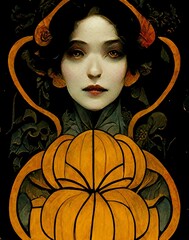 Illustration pale female face, black and orange art nouveau Halloween setting