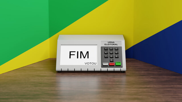 Renderização 3D de urna eletrônica em cabine eleitoral com cores da bandeira do brasil, escrito em em português na tela "fim votou"e escritas dizendo: "branco","corrige", "confirma" e "urna eleitoral"