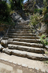 Old stone stairway to the hill under the sun, Santa Lucia park, Santiago, Chile 