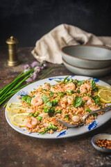 Shrimp with Couscous and Broccoli on Platter