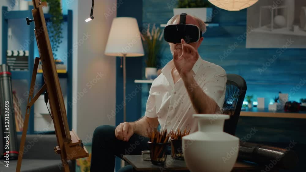Poster retired artist using futuristic vr glasses and tools to draw on canvas, creating vase masterpiece wi