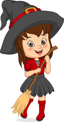 Cartoon little girl wearing halloween witch costume