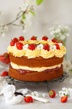 A sponge cake filled with cream and cream then toped with strawberries and white flowers.