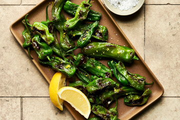Blistered shishito peppers on a platter with lemon zest and sea