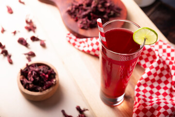 Agua de jamaica. Ibiscus tea made as an infusion from roselle flower (Hibiscus sabdariffa). Can be consumed both hot and cold. Very popular drink in Mexico and many other countries.