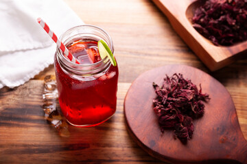 Agua de jamaica. Ibiscus tea made as an infusion from roselle flower (Hibiscus sabdariffa). Can be...