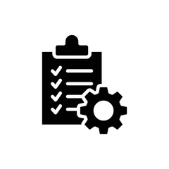 Obraz premium Clipboard with gear icon. Simple solid style. Project order, work, setting, technical support check list, management concept. Glyph vector illustration isolated on white background. EPS 10.