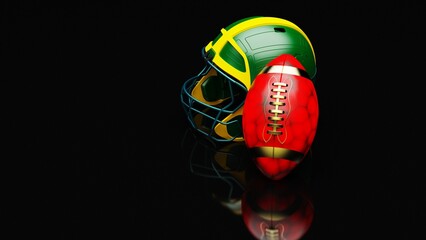 American football Yellow-Green helmet and Red-Black Ball under foggy black laser lighting. 3D illustration. 3D CG. 3D high quality rendering.