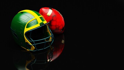 American football Yellow-Green helmet and Red-Black Ball under foggy black laser lighting. 3D illustration. 3D CG. 3D high quality rendering.