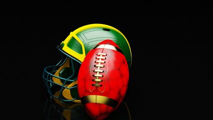 American football Yellow-Green helmet and Red-Black Ball under foggy black laser lighting. 3D illustration. 3D CG. 3D high quality rendering.