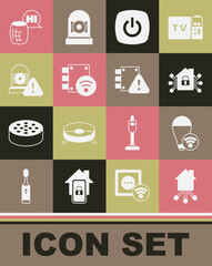 Set Smart home, light bulb, Digital door lock, Ringing alarm bell, Voice assistant and House under protection icon. Vector