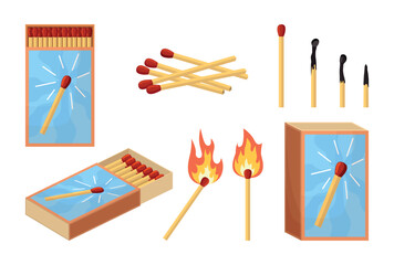 Set of matches. Collection of elements for kindling fire and flame. Boxes, burnt and new matches, stages of burning, fireplace. Cartoon flat vector illustrations isolated on white background