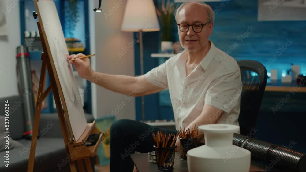 Poster senior artist drawing professional artwork with vase model, creating authentic masterpiece with arti