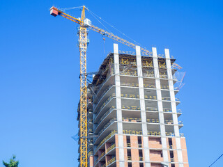Fototapeta premium Crane and frame of a high concrete house. Construction works. Concrete construction. Skeleton at home