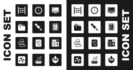 Set Computer monitor, Pencil with eraser, Document folder clip, Abacus, Exam sheet check mark, Clock, Calculator and Book icon. Vector
