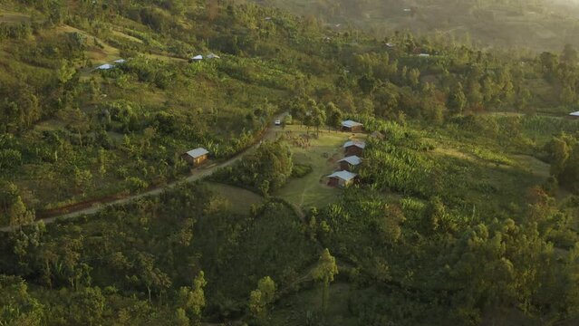 Aerial shot of a crowd in a small village surrounded by forest in Ethiopia