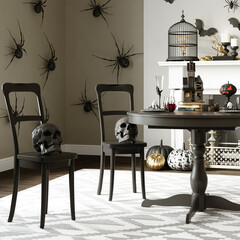 3d rendering. Decorative black skull on a chair. Modern interior decor for Halloween